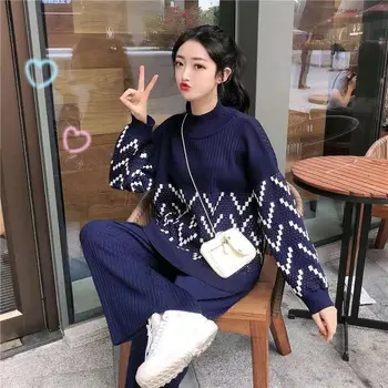 Jesenné a zimné sveter nastaviť žien nový kórejský online červenej farby, ukazuje, tenké nohy nohavice top dvoch-dielny módne pulóver sveter