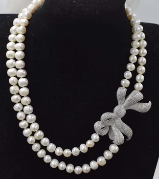 2rows sladkovodné perlou biela blízkosti kolo 8-9 mm náhrdelník 17-18-palcové FPPJ veľkoobchod korálky prírody